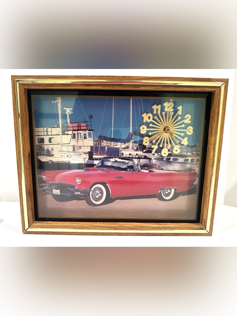 Vintage Wall Clock 1957 Thunderbird Classic Car Wood Box Frame Gold Trim- Works